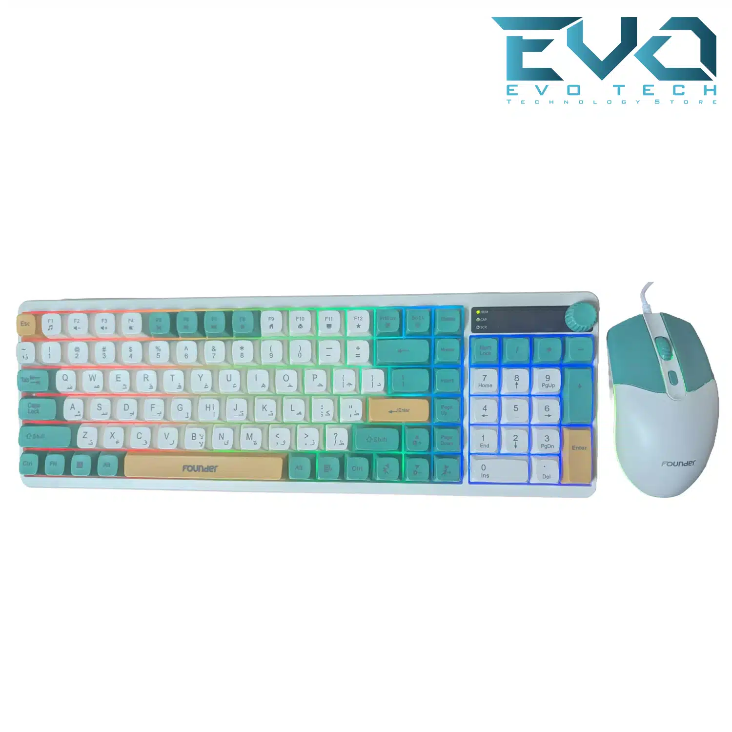 Founder KM650 Gaming Keyboard & Mouse Combo – RGB Membrane Keyboard with Volume Knob Green Arabic 1 Founder KM650 Gaming Keyboard & Mouse Combo – RGB Membrane Keyboard with Volume Knob Green Arabic